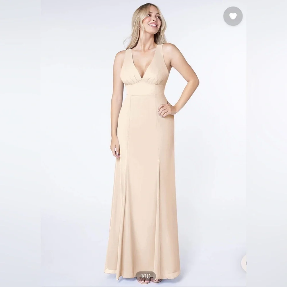 Azazie Christiana V-Neck Chiffon Maxi Gown Wedding Bridesmaid Alabaster 2